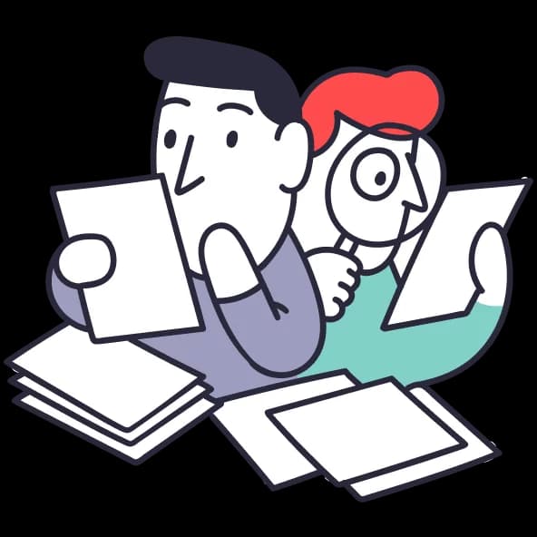 Illustration: Team analysiert Unterlagen mit Lupe, steht für Recherche, Analyse und Sorgfalt.