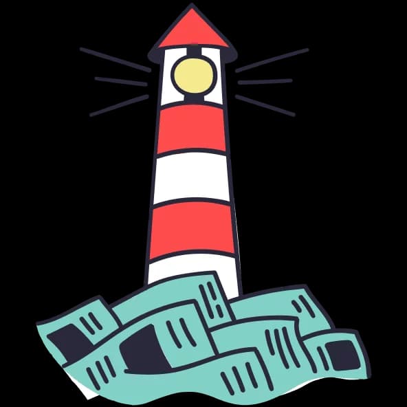Illustration eines rot-weißen Leuchtturms, der aus einem Meer aus Zeitungen herausragt – Symbol für Orientierung und Überblick im Informationsüberfluss.