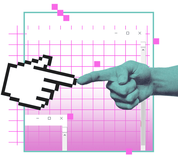 Illustration einer stilisierten Hand, die von einem großen Pixel-Cursor berührt wird, vor einem pinken Raster und digitalen Fenstern – Symbol für die Verbindung von Mensch und Technologie in der digitalen Transformation.