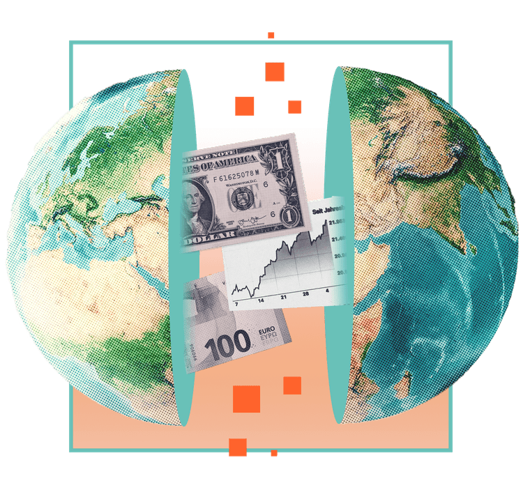 Illustration einer in zwei Hälften geteilten Erdkugel mit Geldscheinen und einem Aktienchart im Inneren – Symbol für die Verflechtung von globaler Wirtschaft, Handel und Geopolitik.