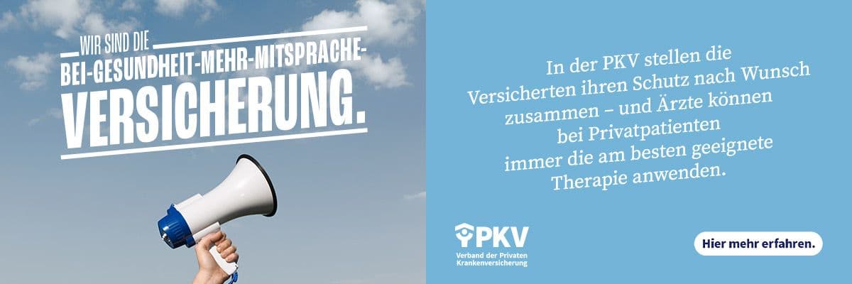 Anzeige PKV – Wir sind die Bei-Gesundheit-Mehr-Mitsprache-Versicherung. In der PKV stellen die Versicherten ihren Schutz nach Wunsch zusammen – und Ärzte können bei Privatpatienten immer die am besten geeignete Therapie anwenden. Hier mehr erfahren.