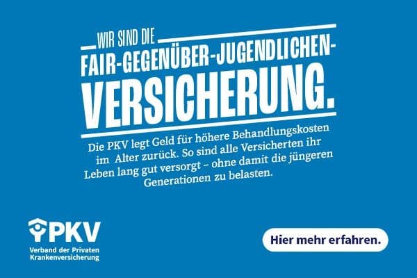 Anzeige PKV - Wir sind die Fair-gegenüber-Jugendlichen-Versicherung. Die PKV legt Geld für höhere Behandlungskosten im Alter zurück. So sind alle Versicherten ihr Leben lang gut versorgt – ohne damit die jüngeren Generationen zu belasten. Hier mehr erfahren.
